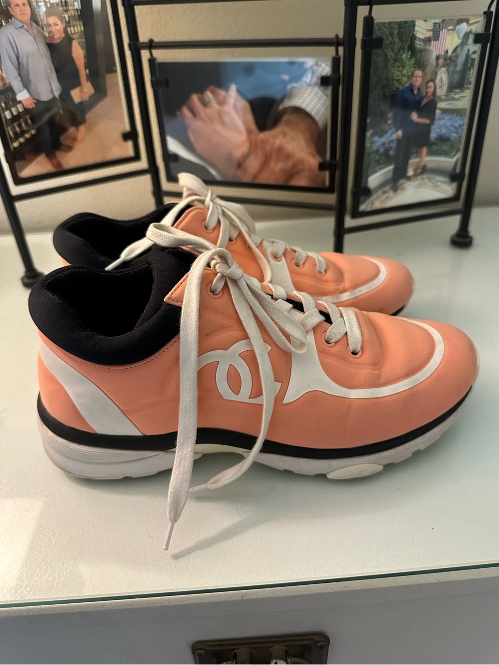 CHANEL Coral/Peach and White CC Logo Lace-Up Sneakers